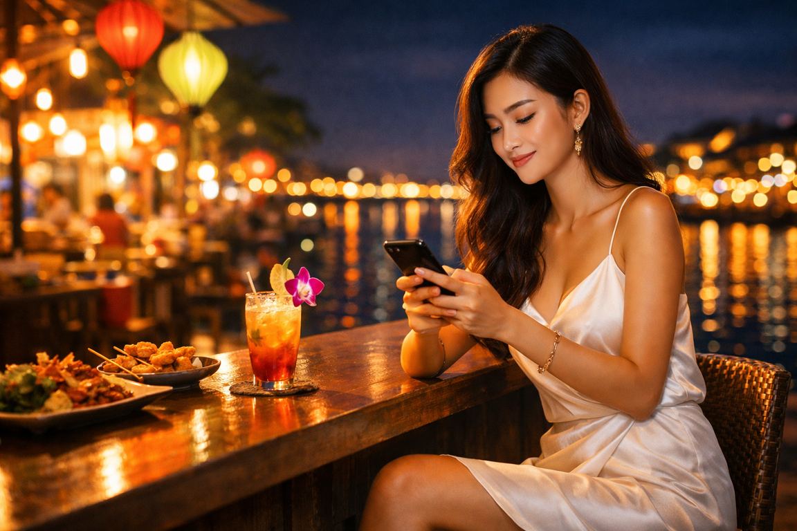 Không khí chợ đêm Mekong với người dùng truy cập casino di động và nhận thưởng trực tuyến